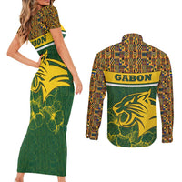 Gabon Couples Matching Short Sleeve Bodycon Dress and Long Sleeve Button Shirt with Tribal Print and Fierce Panther Graphic in National Flag Colors - Wonder Print Shop