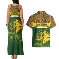 Gabon Couples Matching Tank Maxi Dress and Hawaiian Shirt with Tribal Print and Fierce Panther Graphic in National Flag Colors - Wonder Print Shop