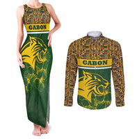Gabon Couples Matching Tank Maxi Dress and Long Sleeve Button Shirt with Tribal Print and Fierce Panther Graphic in National Flag Colors - Wonder Print Shop