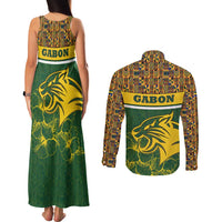 Gabon Couples Matching Tank Maxi Dress and Long Sleeve Button Shirt with Tribal Print and Fierce Panther Graphic in National Flag Colors - Wonder Print Shop