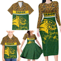 Gabon Family Matching Long Sleeve Bodycon Dress and Hawaiian Shirt with Tribal Print and Fierce Panther Graphic in National Flag Colors - Wonder Print Shop