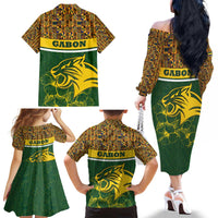 Gabon Family Matching Off The Shoulder Long Sleeve Dress and Hawaiian Shirt with Tribal Print and Fierce Panther Graphic in National Flag Colors - Wonder Print Shop