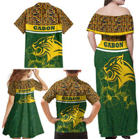 Gabon Family Matching Off Shoulder Maxi Dress and Hawaiian Shirt with Tribal Print and Fierce Panther Graphic in National Flag Colors - Wonder Print Shop