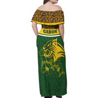 Gabon Family Matching Off Shoulder Maxi Dress and Hawaiian Shirt with Tribal Print and Fierce Panther Graphic in National Flag Colors - Wonder Print Shop