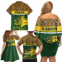 Gabon Family Matching Off Shoulder Short Dress and Hawaiian Shirt with Tribal Print and Fierce Panther Graphic in National Flag Colors - Wonder Print Shop