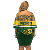 Gabon Family Matching Off Shoulder Short Dress and Hawaiian Shirt with Tribal Print and Fierce Panther Graphic in National Flag Colors - Wonder Print Shop