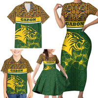Gabon Family Matching Short Sleeve Bodycon Dress and Hawaiian Shirt with Tribal Print and Fierce Panther Graphic in National Flag Colors - Wonder Print Shop