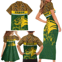 Gabon Family Matching Short Sleeve Bodycon Dress and Hawaiian Shirt with Tribal Print and Fierce Panther Graphic in National Flag Colors - Wonder Print Shop
