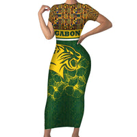 Gabon Family Matching Short Sleeve Bodycon Dress and Hawaiian Shirt with Tribal Print and Fierce Panther Graphic in National Flag Colors - Wonder Print Shop