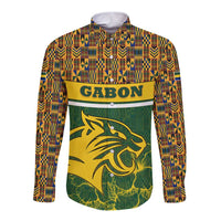 Gabon Long Sleeve Button Shirt with Tribal Print and Fierce Panther Graphic in National Flag Colors - Wonder Print Shop