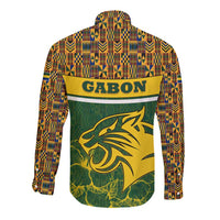 Gabon Long Sleeve Button Shirt with Tribal Print and Fierce Panther Graphic in National Flag Colors - Wonder Print Shop