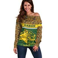 Gabon Off Shoulder Sweater with Tribal Print and Fierce Panther Graphic in National Flag Colors - Wonder Print Shop