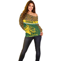 Gabon Off Shoulder Sweater with Tribal Print and Fierce Panther Graphic in National Flag Colors - Wonder Print Shop