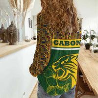 Gabon Women Casual Shirt with Tribal Print and Fierce Panther Graphic in National Flag Colors - Wonder Print Shop