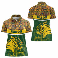 Gabon Women Polo Shirt with Tribal Print and Fierce Panther Graphic in National Flag Colors - Wonder Print Shop