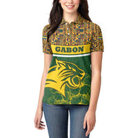 Gabon Women Polo Shirt with Tribal Print and Fierce Panther Graphic in National Flag Colors - Wonder Print Shop