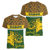 Gabon Women V-Neck T-Shirt with Tribal Print and Fierce Panther Graphic in National Flag Colors - Wonder Print Shop