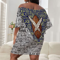 HBCU Black History Legacy Off Shoulder Short Dress Word Cloud African Shield Knowledge Book