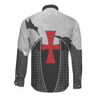Knights Templar Warrior Red Cross Long Sleeve Button Shirt Crusader Knight In Chainmail Armor With Shield And Sword Art