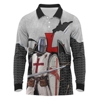 Knights Templar Warrior Red Cross Long Sleeve Polo Shirt Crusader Knight In Chainmail Armor With Shield And Sword Art