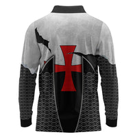 Knights Templar Warrior Red Cross Long Sleeve Polo Shirt Crusader Knight In Chainmail Armor With Shield And Sword Art