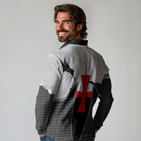 Knights Templar Warrior Red Cross Long Sleeve Polo Shirt Crusader Knight In Chainmail Armor With Shield And Sword Art