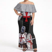 Knights Templar Warrior Red Cross Off Shoulder Maxi Dress Crusader Knight In Chainmail Armor With Shield And Sword Art