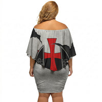 Knights Templar Warrior Red Cross Off Shoulder Short Dress Crusader Knight In Chainmail Armor With Shield And Sword Art