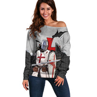 Knights Templar Warrior Red Cross Off Shoulder Sweater Crusader Knight In Chainmail Armor With Shield And Sword Art