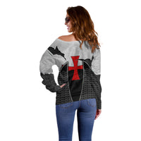 Knights Templar Warrior Red Cross Off Shoulder Sweater Crusader Knight In Chainmail Armor With Shield And Sword Art