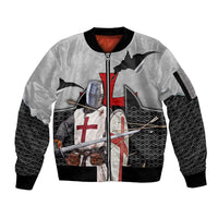 Knights Templar Warrior Red Cross Sleeve Zip Bomber Jacket Crusader Knight In Chainmail Armor With Shield And Sword Art