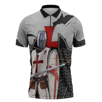 Knights Templar Warrior Red Cross Zipper Polo Shirt Crusader Knight In Chainmail Armor With Shield And Sword Art