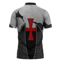 Knights Templar Warrior Red Cross Zipper Polo Shirt Crusader Knight In Chainmail Armor With Shield And Sword Art