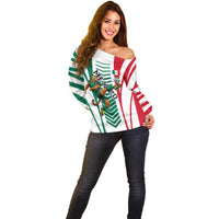 Personalized Mexico Football Off Shoulder Sweater Mexican Flag Jaguar Mascot Soccer Ball