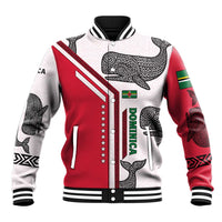 Dominica Flag Baseball Jacket Tribal Turtle Pattern Red and White with Island Stars Design - Wonder Print Shop