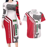 Dominica Flag Couples Matching Long Sleeve Bodycon Dress and Hawaiian Shirt Tribal Turtle Pattern Red and White with Island Stars Design - Wonder Print Shop