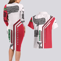 Dominica Flag Couples Matching Long Sleeve Bodycon Dress and Hawaiian Shirt Tribal Turtle Pattern Red and White with Island Stars Design - Wonder Print Shop
