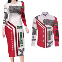 Dominica Flag Couples Matching Long Sleeve Bodycon Dress and Long Sleeve Button Shirt Tribal Turtle Pattern Red and White with Island Stars Design - Wonder Print Shop