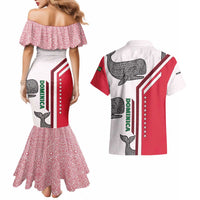 Dominica Flag Couples Matching Mermaid Dress and Hawaiian Shirt Tribal Turtle Pattern Red and White with Island Stars Design - Wonder Print Shop