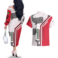 Dominica Flag Couples Matching Off The Shoulder Long Sleeve Dress and Hawaiian Shirt Tribal Turtle Pattern Red and White with Island Stars Design - Wonder Print Shop