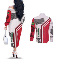 Dominica Flag Couples Matching Off The Shoulder Long Sleeve Dress and Long Sleeve Button Shirt Tribal Turtle Pattern Red and White with Island Stars Design - Wonder Print Shop