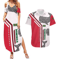 Dominica Flag Couples Matching Summer Maxi Dress and Hawaiian Shirt Tribal Turtle Pattern Red and White with Island Stars Design - Wonder Print Shop