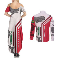 Dominica Flag Couples Matching Summer Maxi Dress and Long Sleeve Button Shirt Tribal Turtle Pattern Red and White with Island Stars Design - Wonder Print Shop