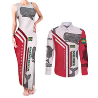 Dominica Flag Couples Matching Tank Maxi Dress and Long Sleeve Button Shirt Tribal Turtle Pattern Red and White with Island Stars Design - Wonder Print Shop