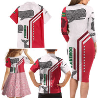 Dominica Flag Family Matching Long Sleeve Bodycon Dress and Hawaiian Shirt Tribal Turtle Pattern Red and White with Island Stars Design - Wonder Print Shop