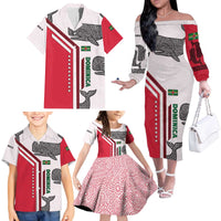 Dominica Flag Family Matching Off The Shoulder Long Sleeve Dress and Hawaiian Shirt Tribal Turtle Pattern Red and White with Island Stars Design - Wonder Print Shop