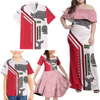 Dominica Flag Family Matching Off Shoulder Maxi Dress and Hawaiian Shirt Tribal Turtle Pattern Red and White with Island Stars Design - Wonder Print Shop