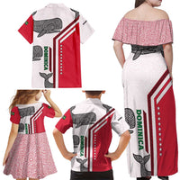 Dominica Flag Family Matching Off Shoulder Maxi Dress and Hawaiian Shirt Tribal Turtle Pattern Red and White with Island Stars Design - Wonder Print Shop