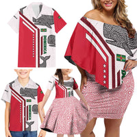 Dominica Flag Family Matching Off Shoulder Short Dress and Hawaiian Shirt Tribal Turtle Pattern Red and White with Island Stars Design - Wonder Print Shop