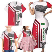 Dominica Flag Family Matching Short Sleeve Bodycon Dress and Hawaiian Shirt Tribal Turtle Pattern Red and White with Island Stars Design - Wonder Print Shop